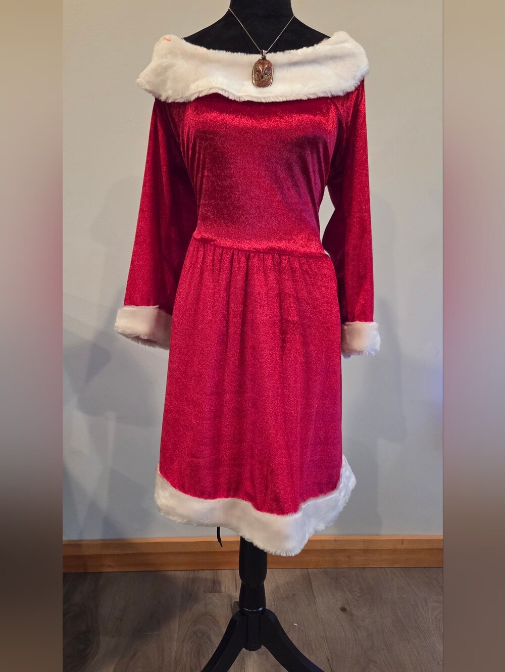 Womens Red Velvet Holiday Dress with Faux Fur Trim